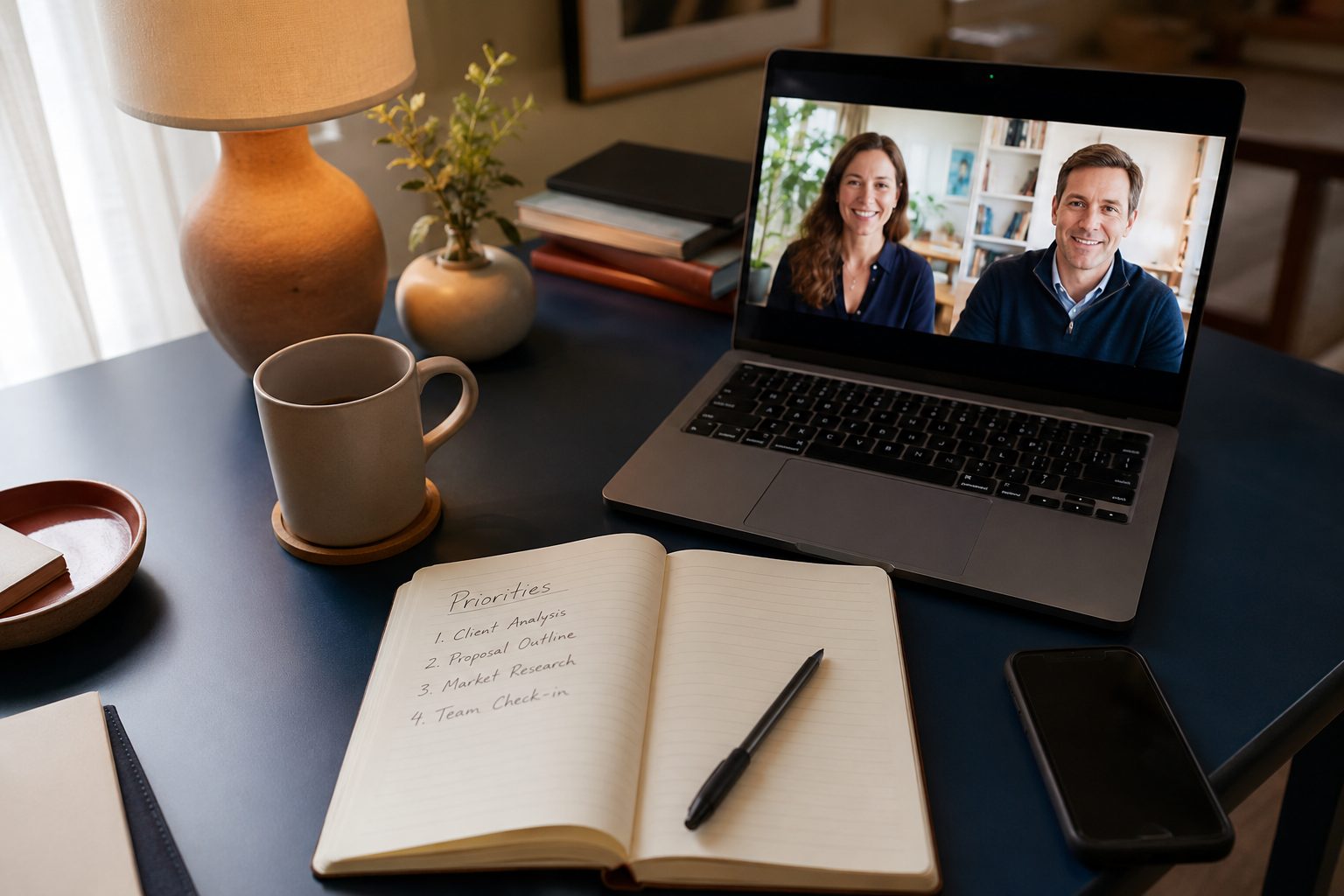 A consultant's desk with a notebook and a video call in progress