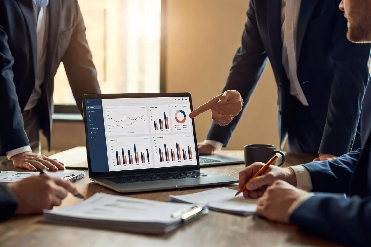 An operating team reviewing an automated finance dashboard on a boardroom screen