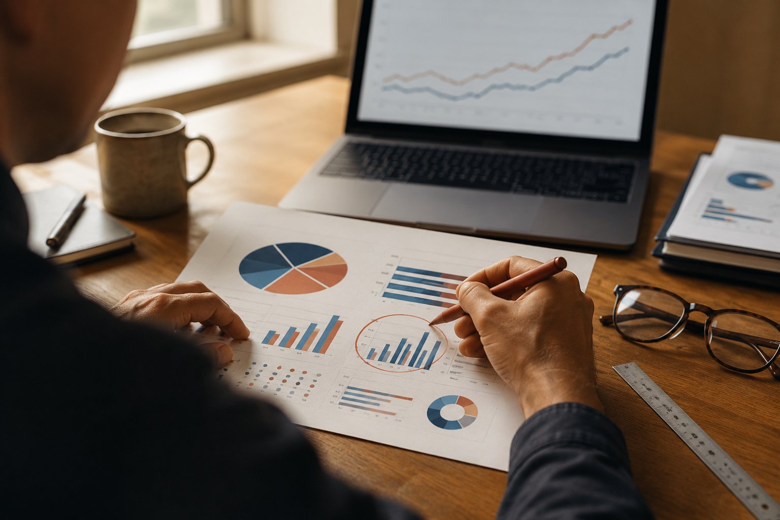 Hands annotating a printed KPI dashboard beside a laptop