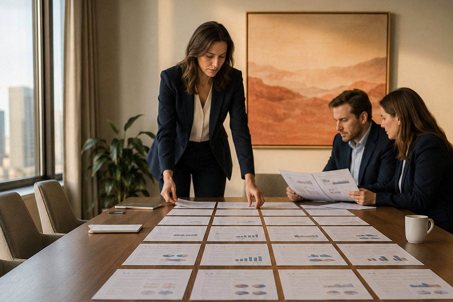 An operating partner arranging one-page portfolio scorecards on a boardroom table