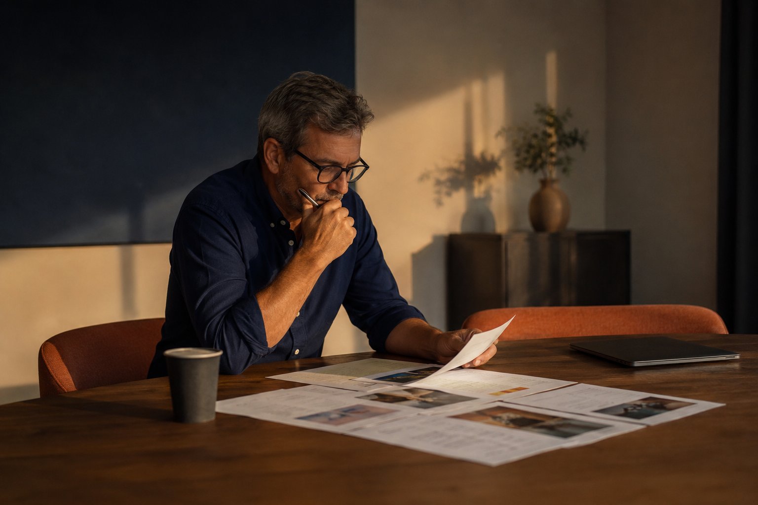 An executive reviewing printed pilot reports alone in a meeting room