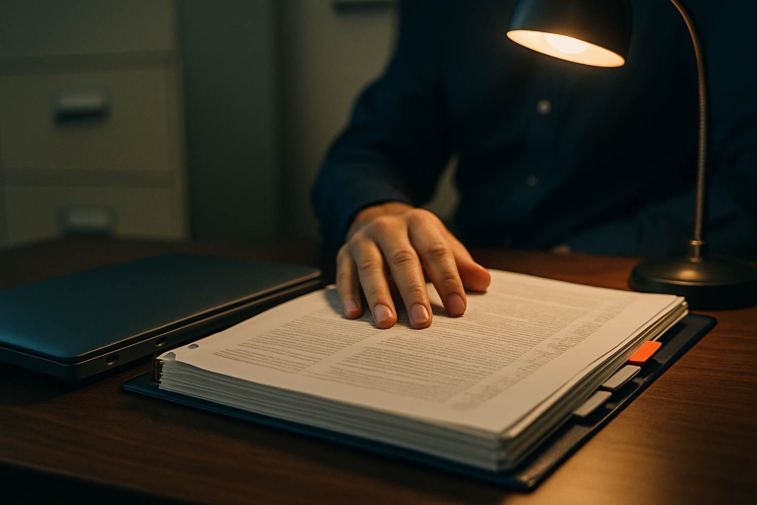 A signed compliance binder beside a laptop showing security settings