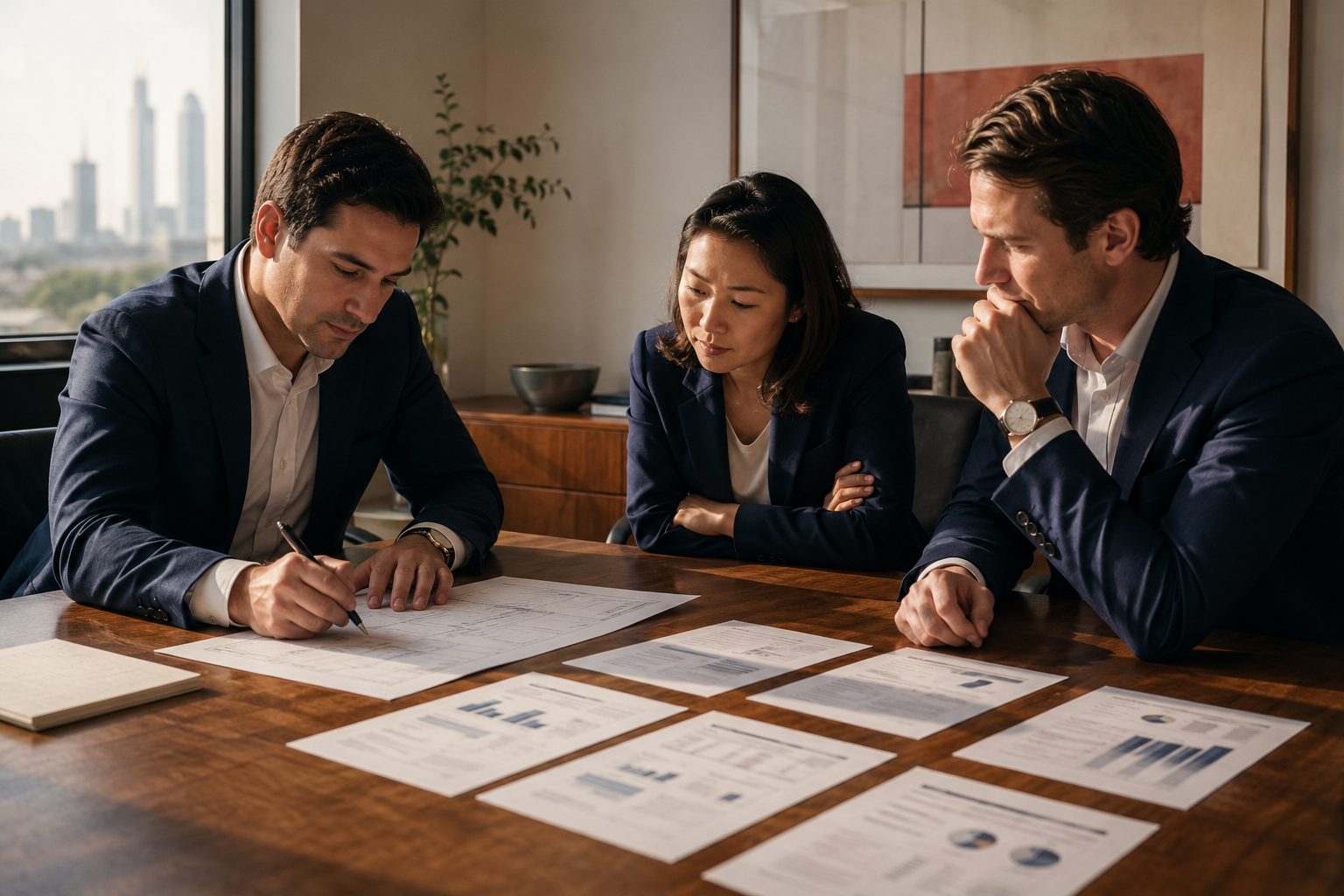 An operating-partner review meeting over printed portfolio roadmaps